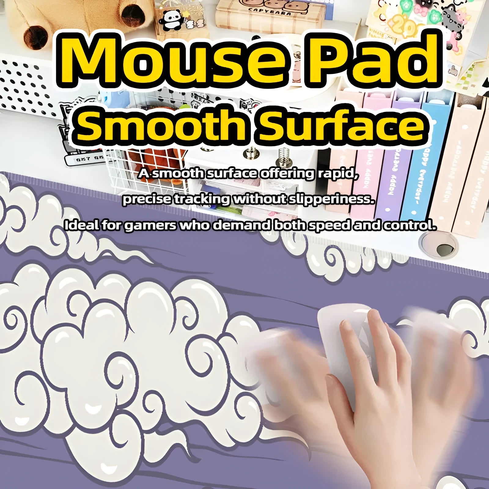 Large cloud pattern rubber desk mat with non-slip base on wooden desk surface