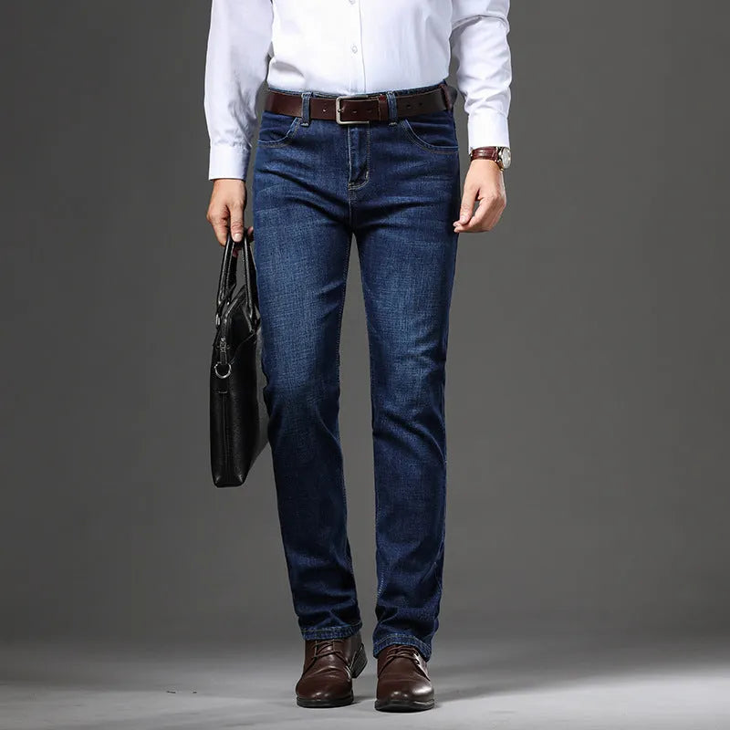 Loose fit straight-leg stretch jeans in black and blue denim for plus sizes