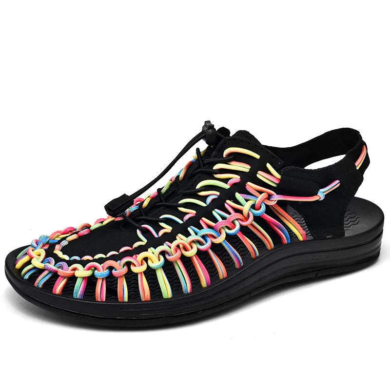Woven drawstring tie Roman sandals in rainbow colour with elastic closure and rubber sole