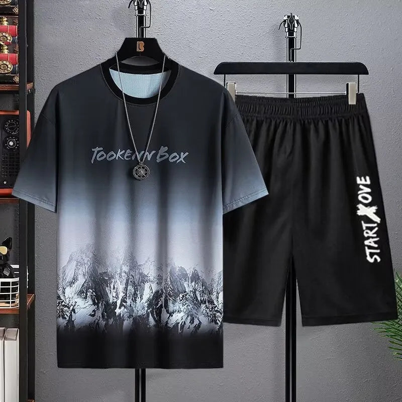 Men's summer ice silk suit set with short sleeve jacket and matching shorts