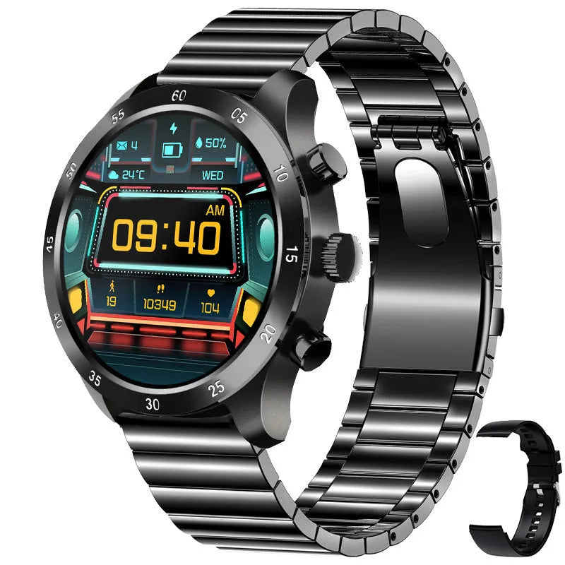 Black smart watch with touch screen display on a steel link bracelet, showing call interface.