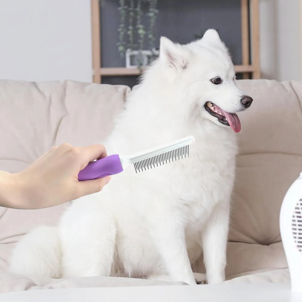Purple pet grooming comb with stainless steel teeth for detangling dog and cat coats