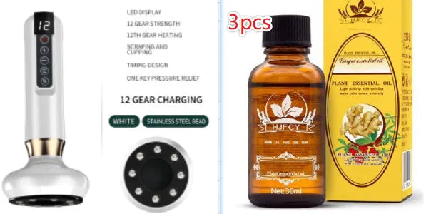 Green electric vacuum cupping massager device with suction cups and USB charger.