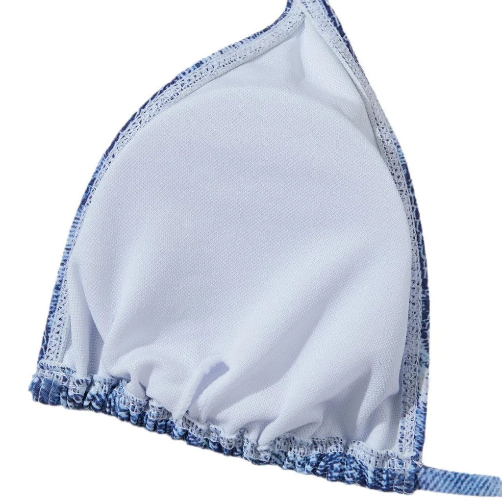 Women's denim blue printed bikini set with adjustable straps