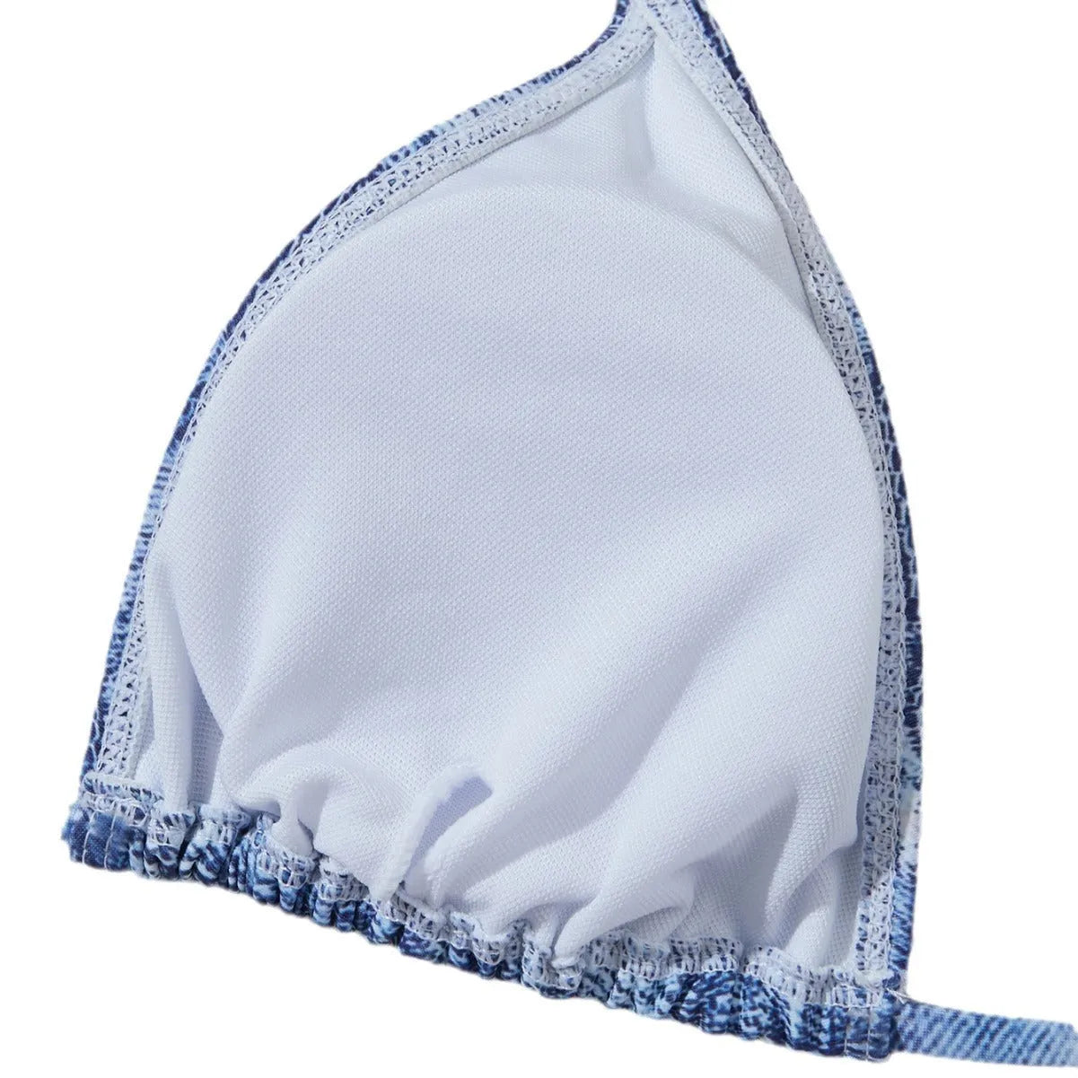 Women's denim blue printed bikini set with adjustable straps
