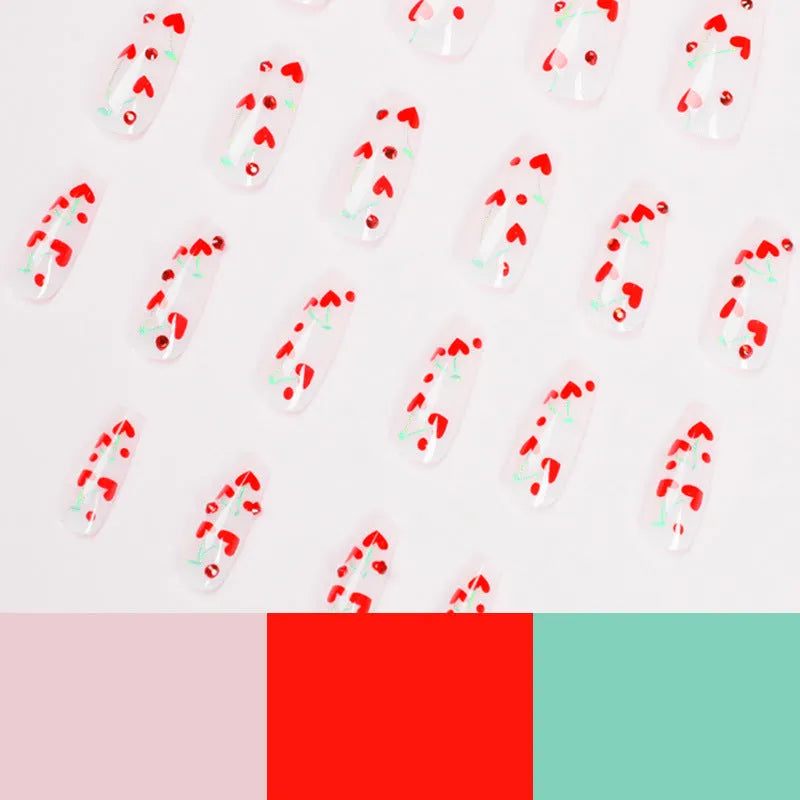 French Love red diamond and cherry design nail art stickers pack with 24 pieces and adhesive glue