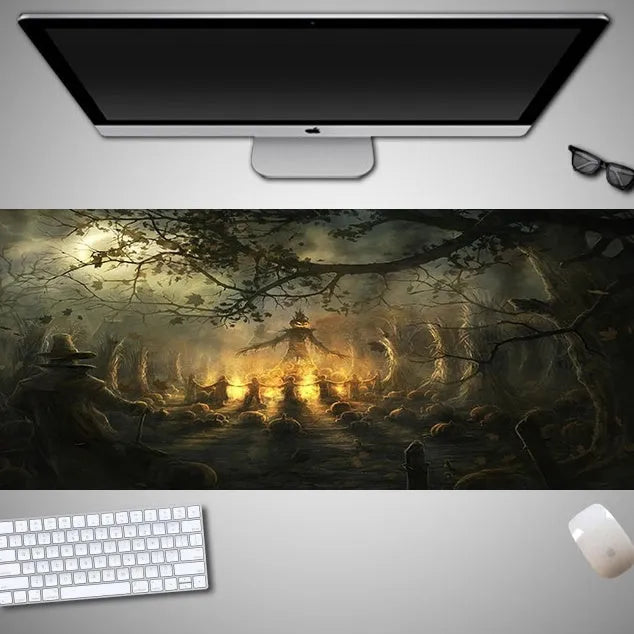 Oversized Halloween-themed computer mouse pad with non-slip rubber cloth base on a desk
