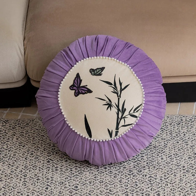 Square decorative cushion with butterfly embroidery in Chinese style, colours beige black purple, 45x45cm size.