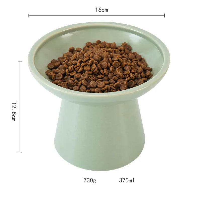 Extra wide elevated ceramic cat food bowl in blue green pink or white with shallow 16cm dish for whisker fatigue relief