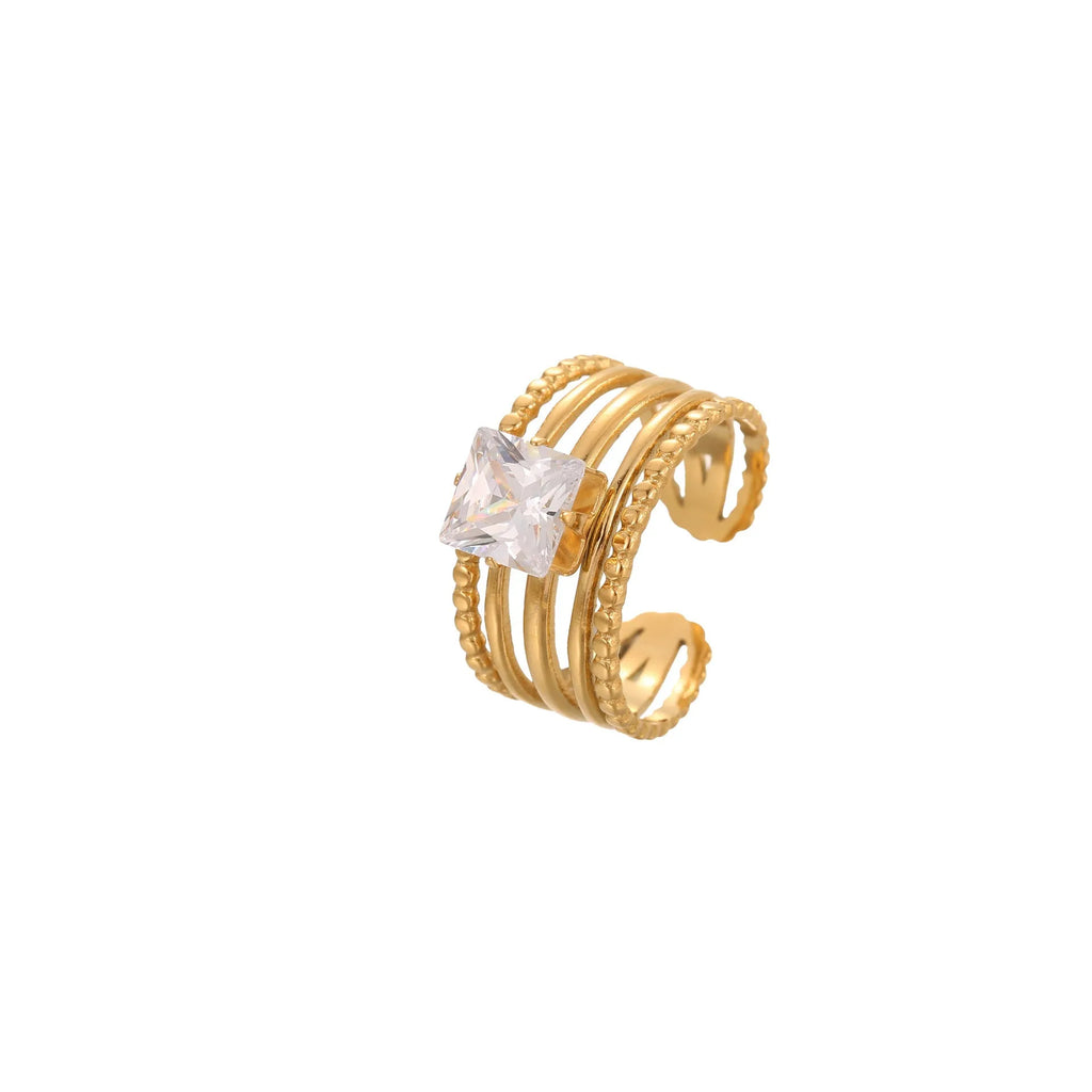 Women's geometric stainless steel ring with gold plating and inlaid zircon stones, shown in an open mouth free size design.