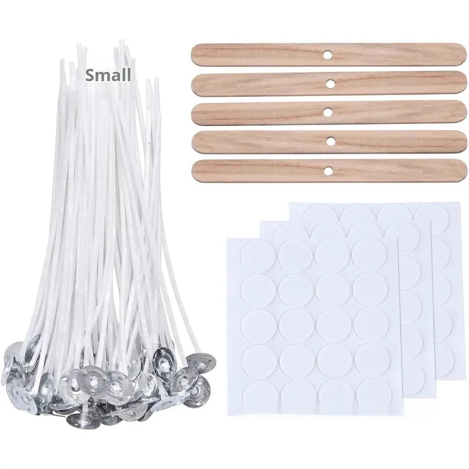 White cotton candle wick spool showing tightly woven core, with 2.6cm, 6cm and 8cm size examples.