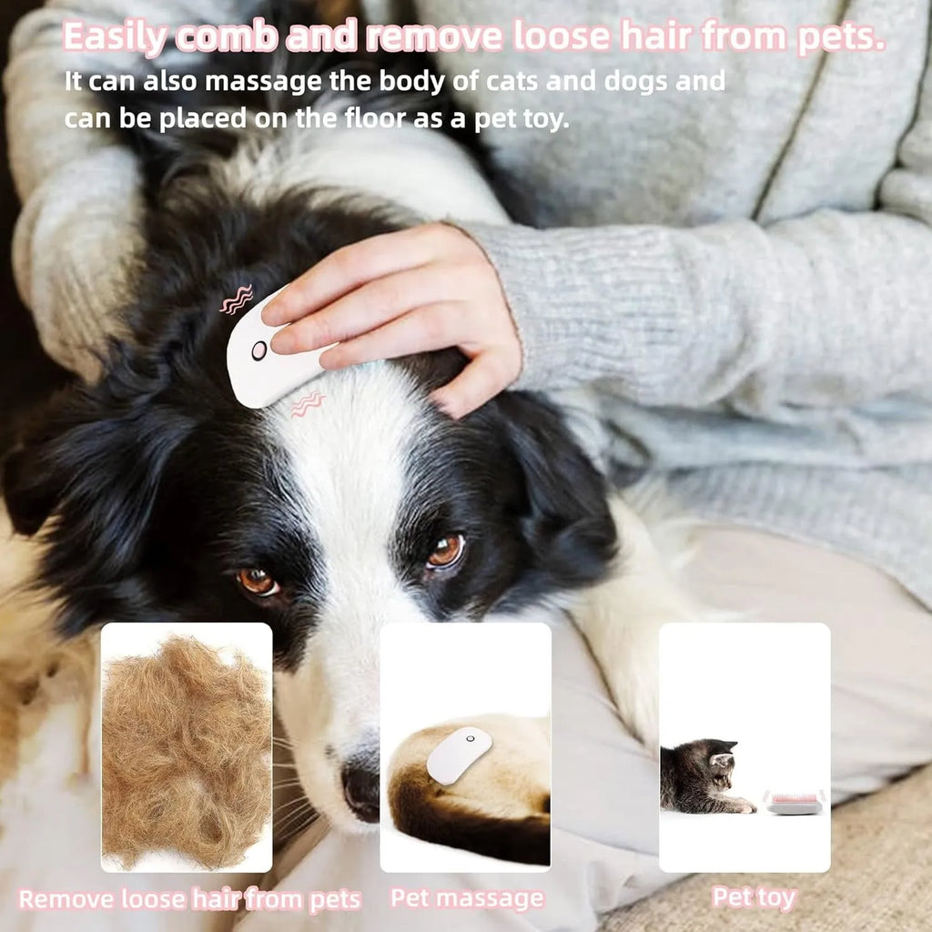 Pink handheld electric vibration pet grooming brush with soft TPE teeth on a white background.