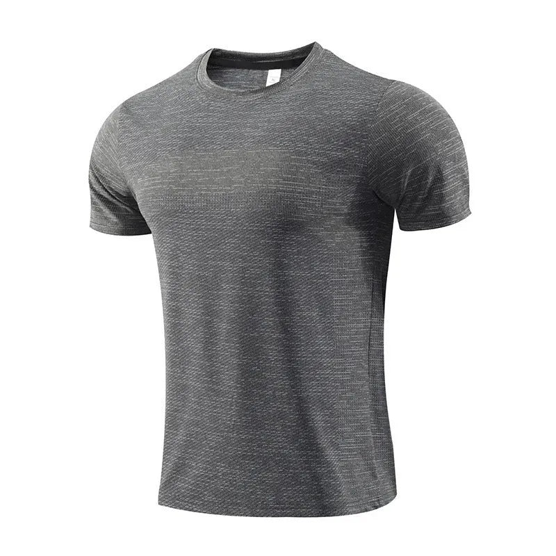 Men's short sleeve running t-shirt in polyester spandex fabric on a hanger