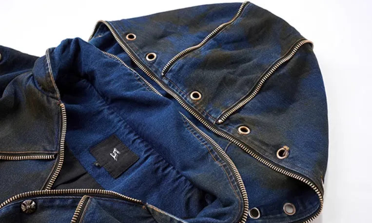 Blue Korean style hooded denim vest coat with matching trousers, front zip closure.