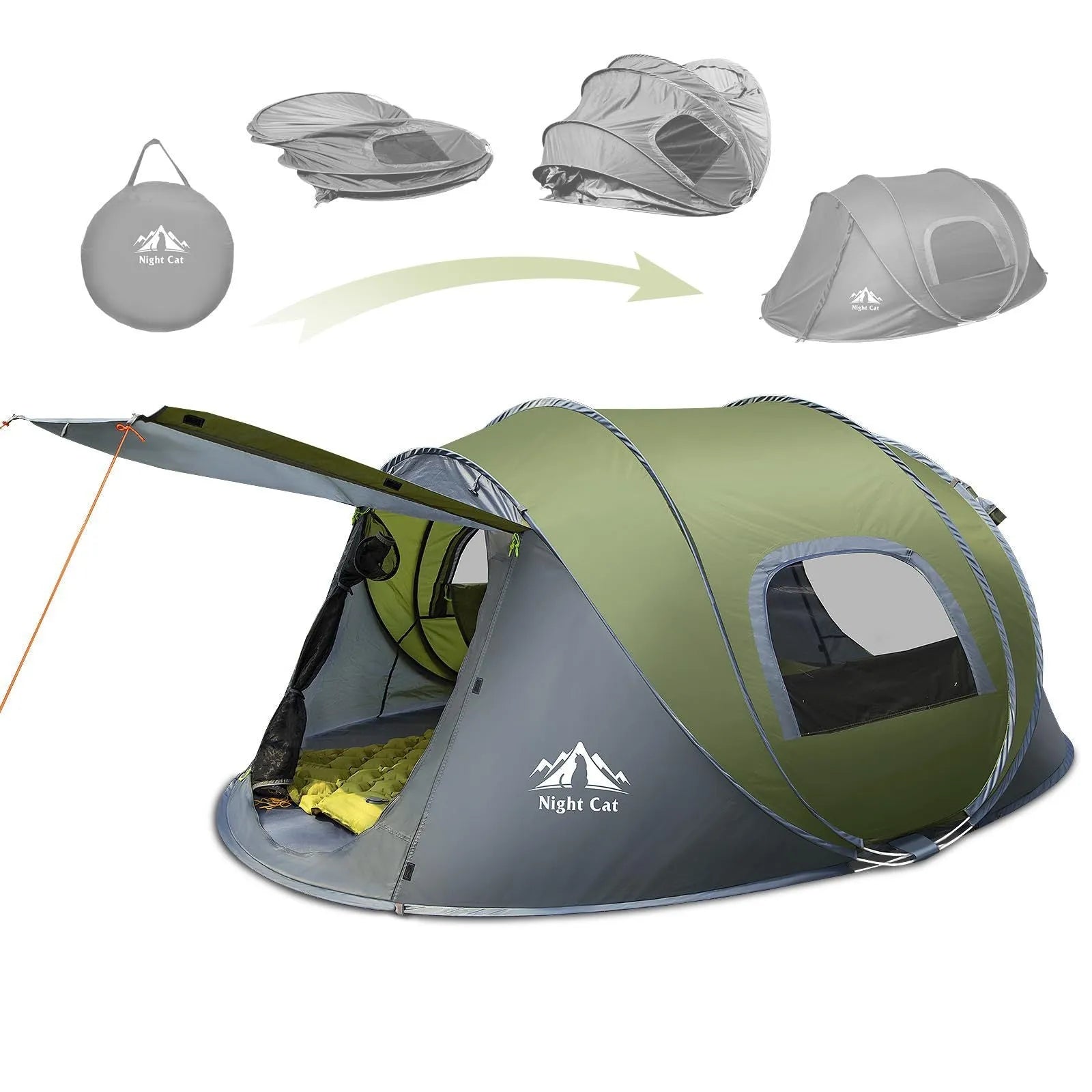 Dark green instant pop-up camping tent for two people with automatic setup.