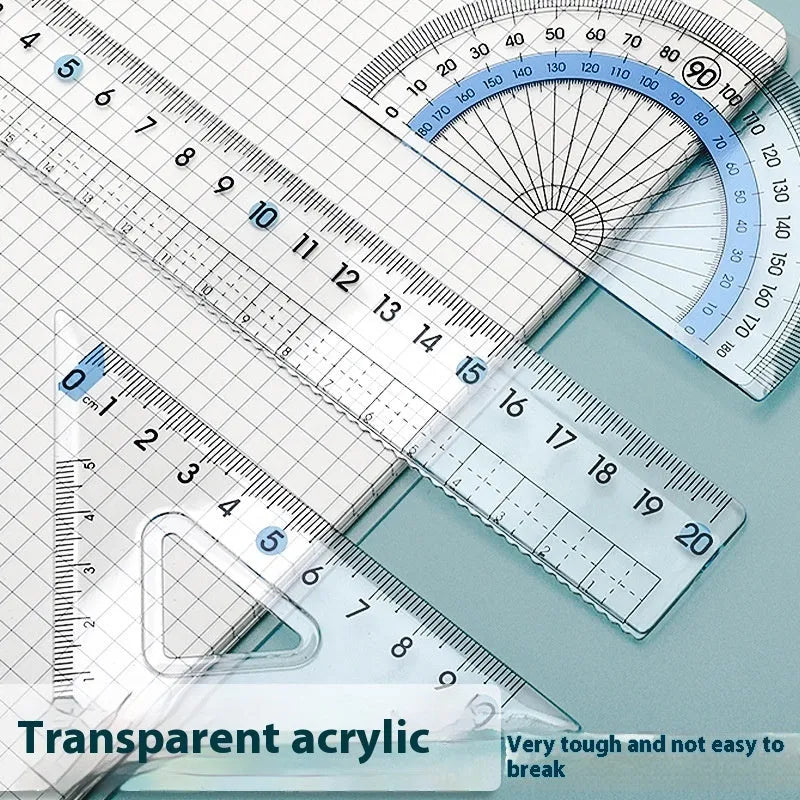 Transparent acrylic drawing ruler sets with square ruler and protractor for geometry and technical drafting