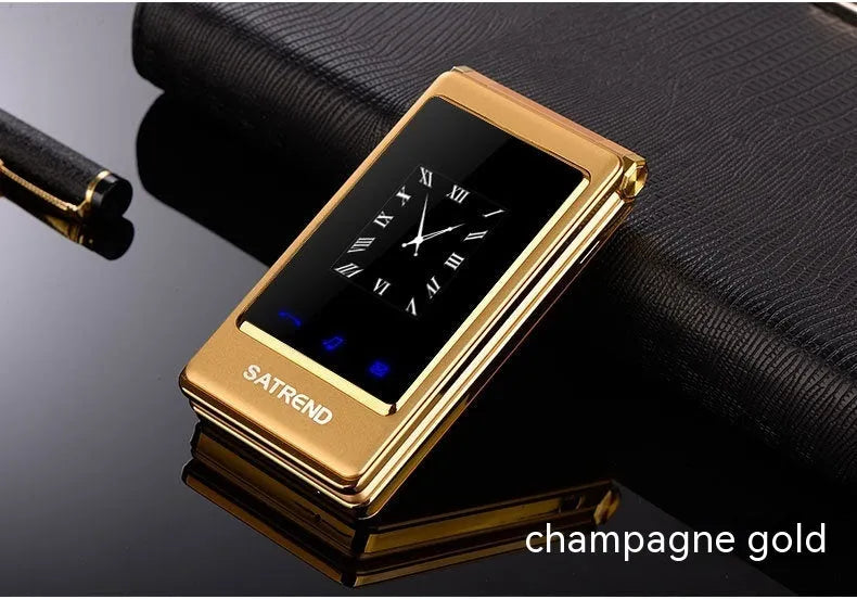 Dual screen flip A15 mobile phone in black, brown, or gold with touch screen and external display