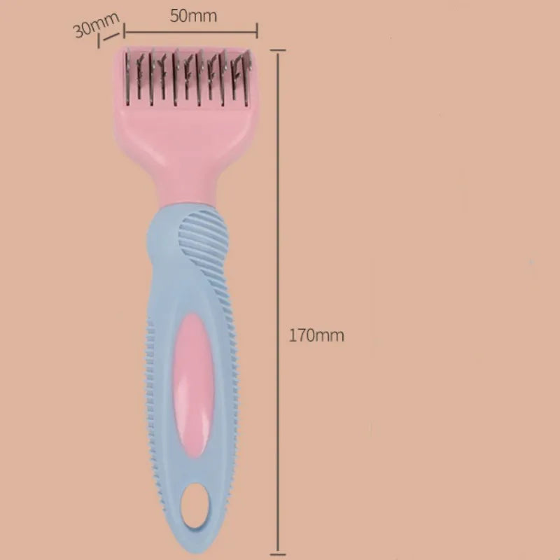 Pink stainless steel pet comb with comb teeth and an integrated knot-cutting knife blade.