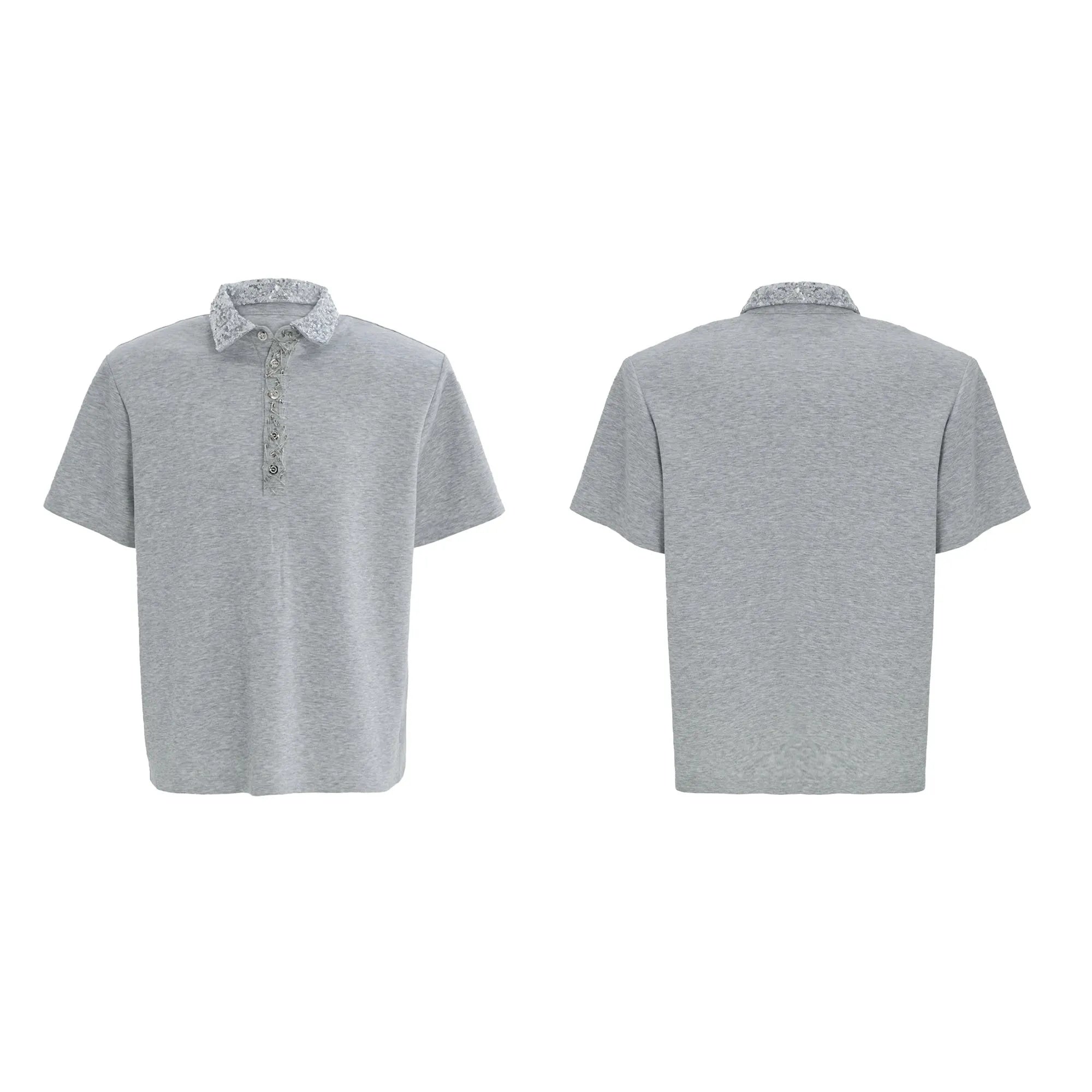 Men's black loose fit polo shirt with square collar and embroidery sequin details on sleeve.