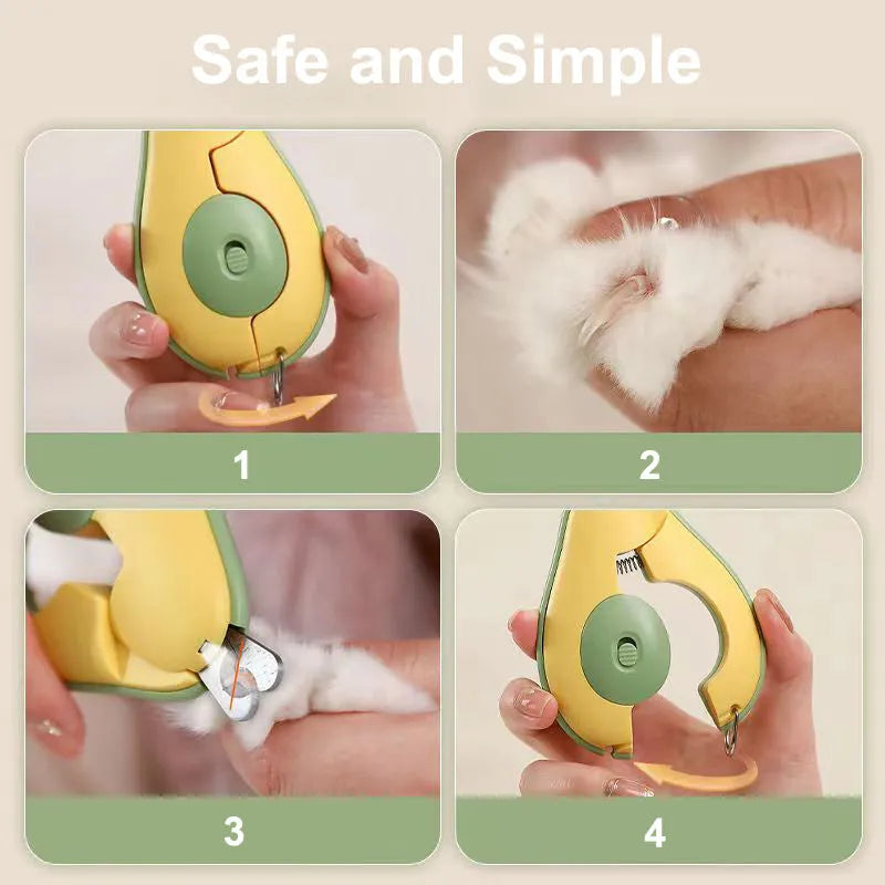 Professional pet nail clipper with LED light on, showing green handle and stainless steel blades for small dogs and cats.