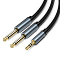 3.5mm stereo to dual 6.5mm mono Y-split audio cable with black PVC jacket