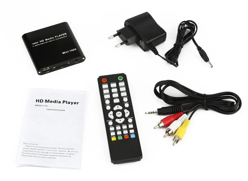 Compact black 1080P Full HD media player with ports for HDMI, USB, SD card, and power.