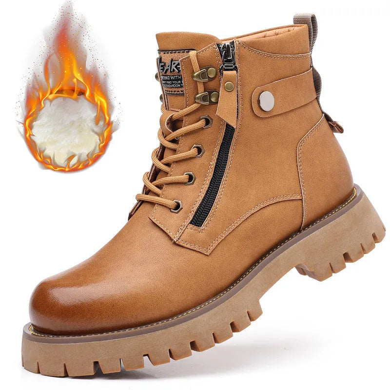 Men's brown high-top Martin boots with side zipper, round toe, and mid-calf length