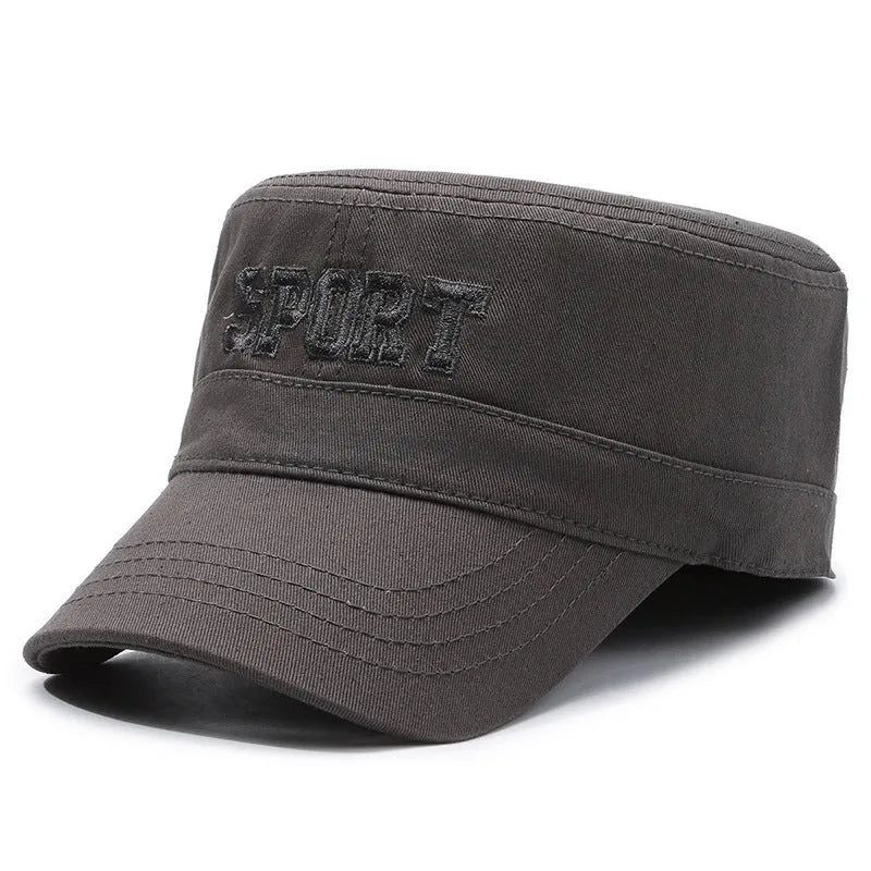Men's adjustable cotton peaked cap in black, blue, army green, khaki or grey with dome crown and English letters
