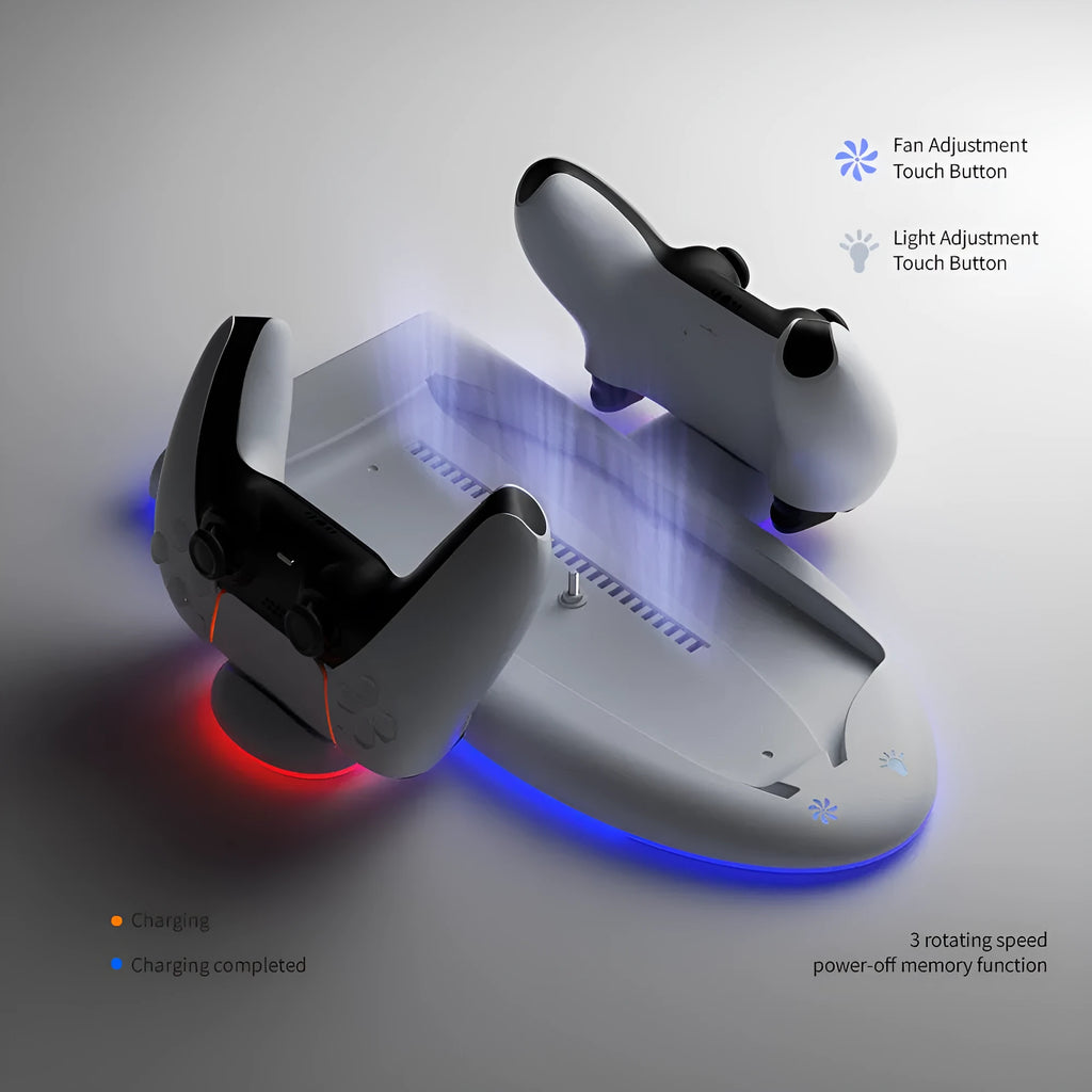 White PS5 Slim multi-function charging base with cooler fan, charging belt, and RGB lights