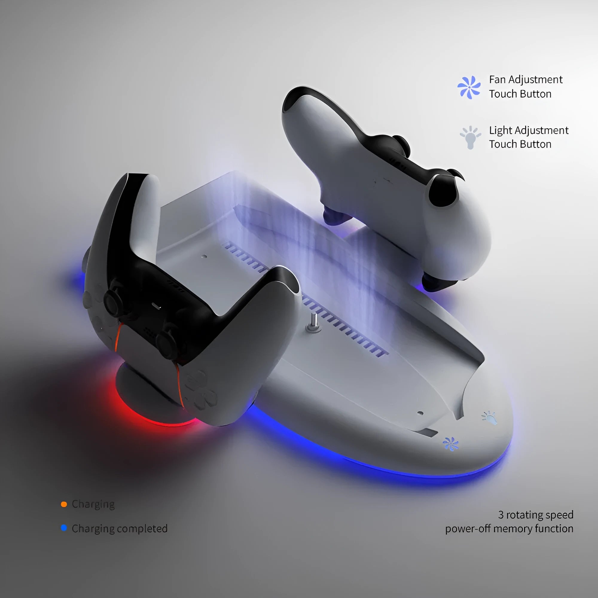 White PS5 Slim multi-function charging base with cooler fan, charging belt, and RGB lights