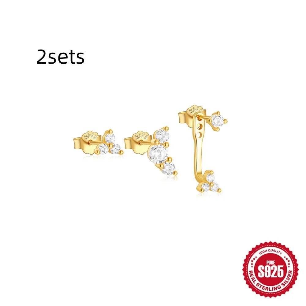 S925 sterling silver geometric zircon tassel earring set with three pairs in gold tone colours