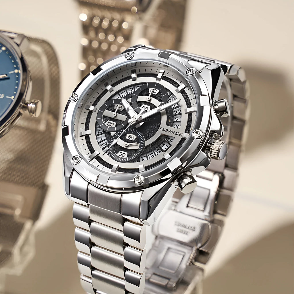 Men's casual waterproof watch with luminous dial and stainless steel strap in three colour variants.