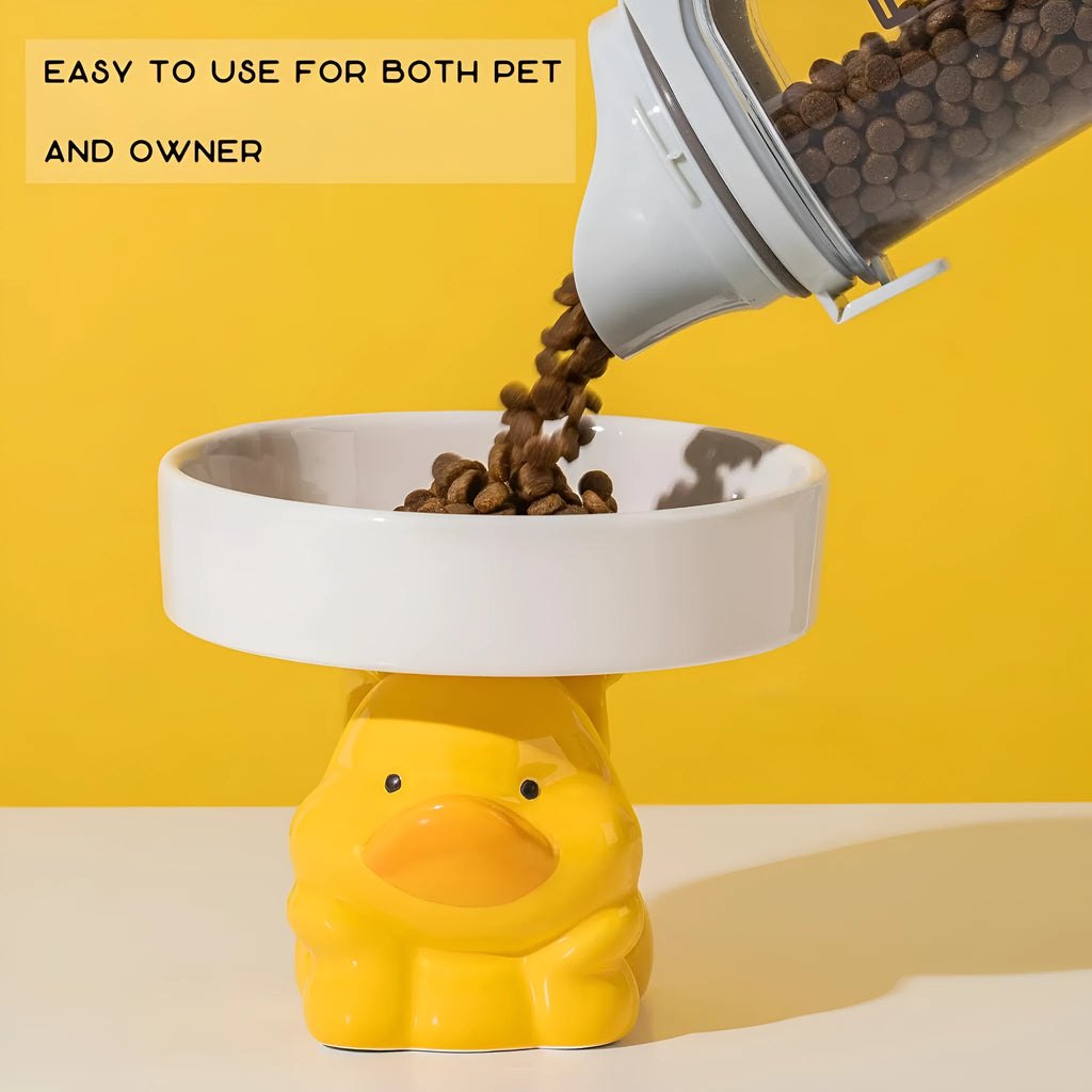 Ceramic raised pet bowl in animal design, showing wide 15cm opening and 4.92-inch elevation.
