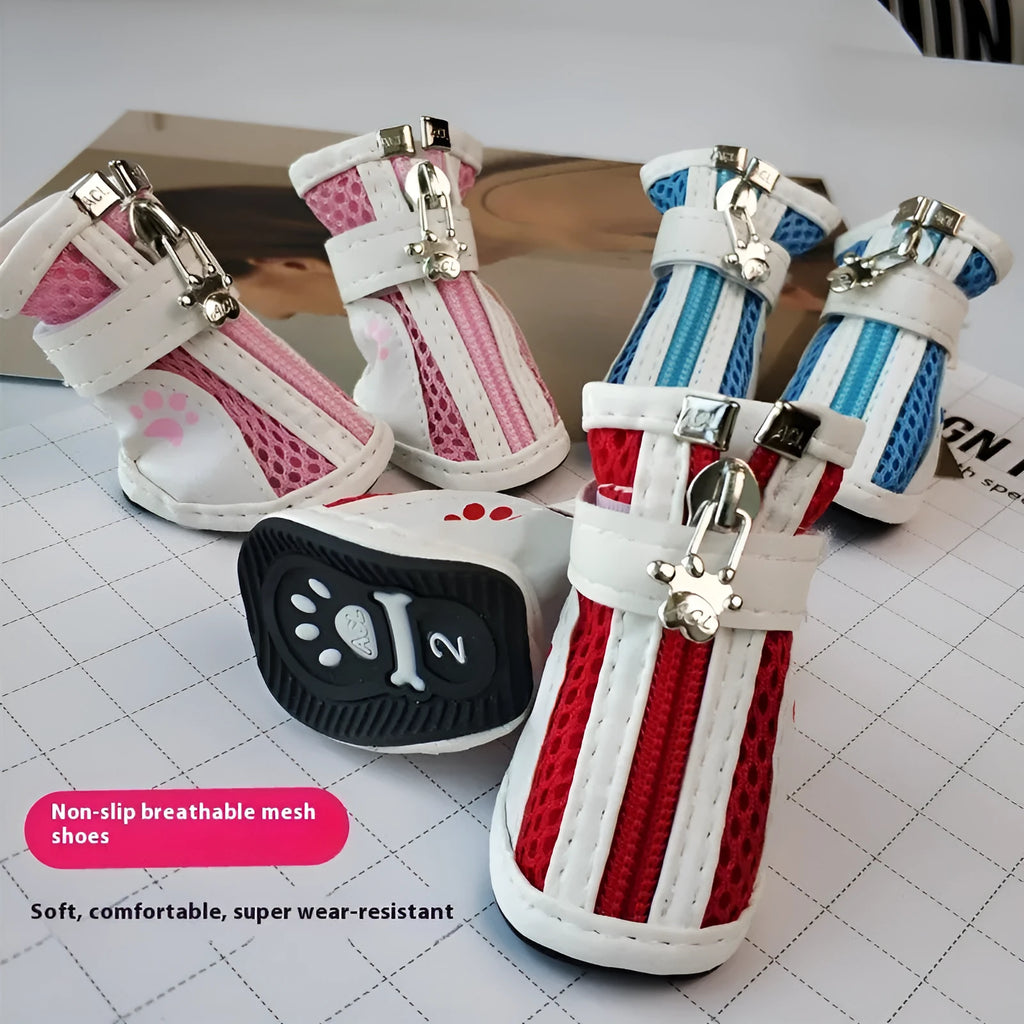 VIP Teddy Schnauzer cloth dog shoes with zipper, non-slip sole, in blue, pink, and red.