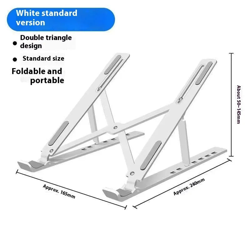 Silver aluminium laptop stand holding a notebook at an angle on a desk