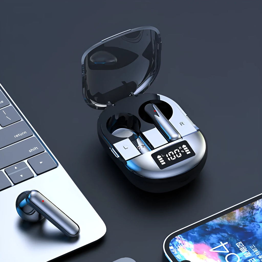 Black wireless Bluetooth headphones with digital display and charging case
