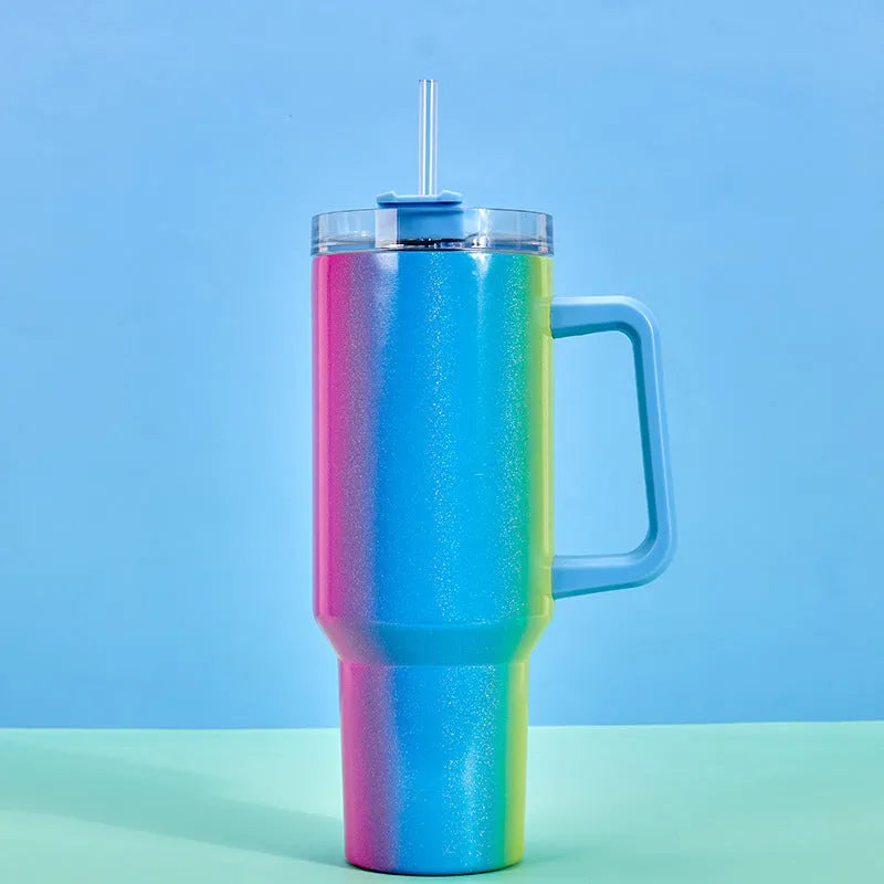 Large stainless steel vacuum insulation cup with double-layer construction in rainbow colour option