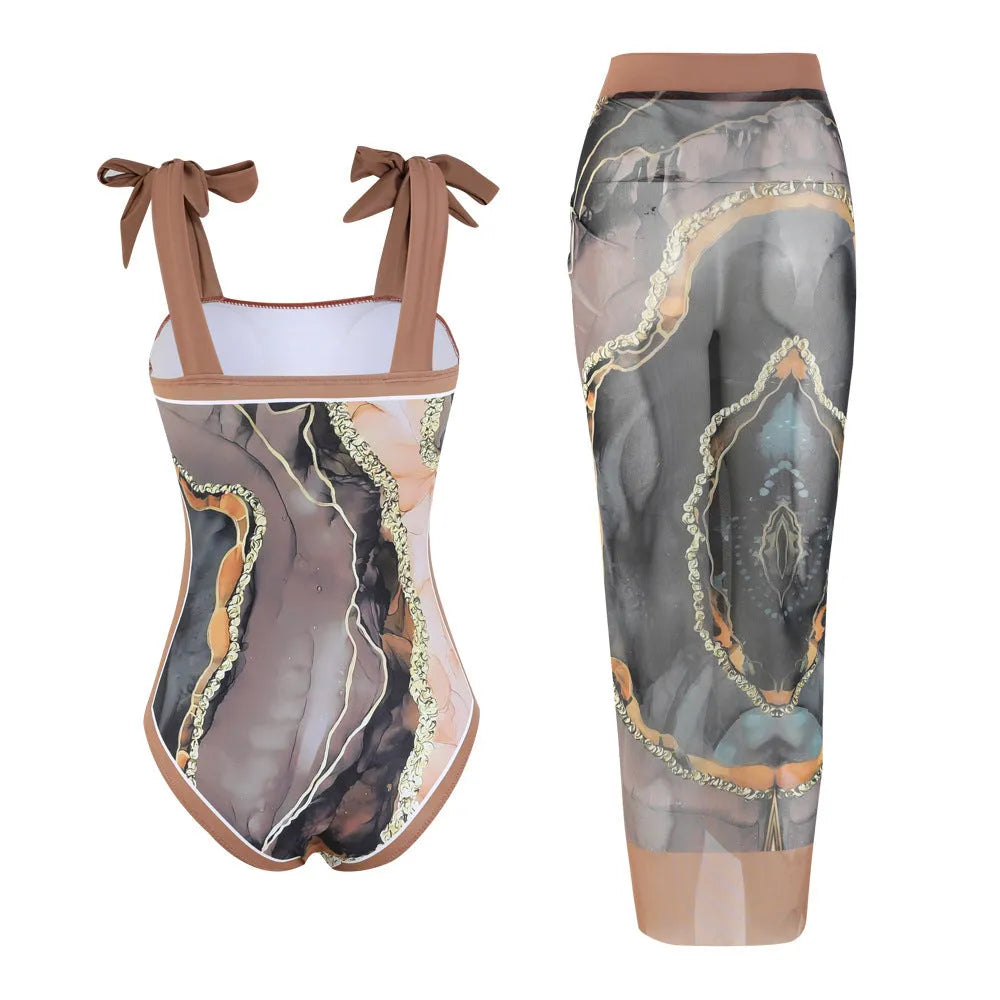 Floral print mesh tube top one-piece swimsuit with detachable skirt in brown printing