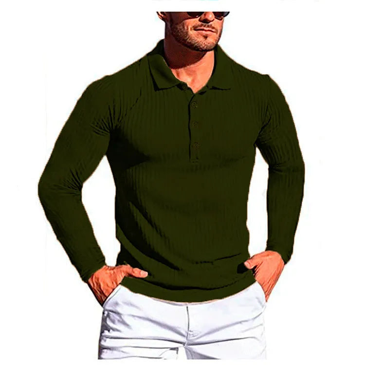 Man wearing a striped loose-fit short sleeve polo shirt in army green colour
