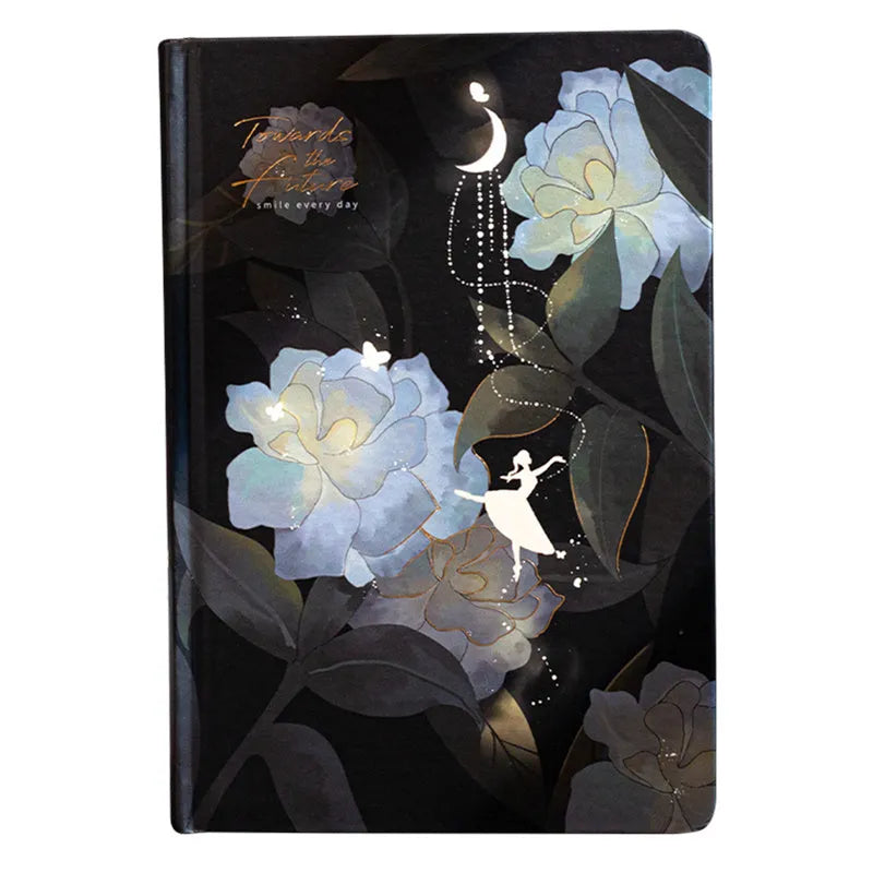 A5 spiral-bound notebook with a luminous holographic cover showing colour illustrations on the open pages.