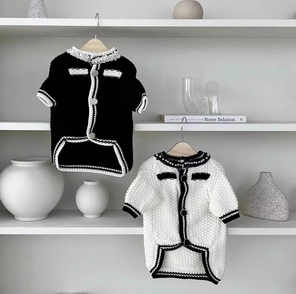 Korean style white dog sweater with pearl collar decoration on small breed dog