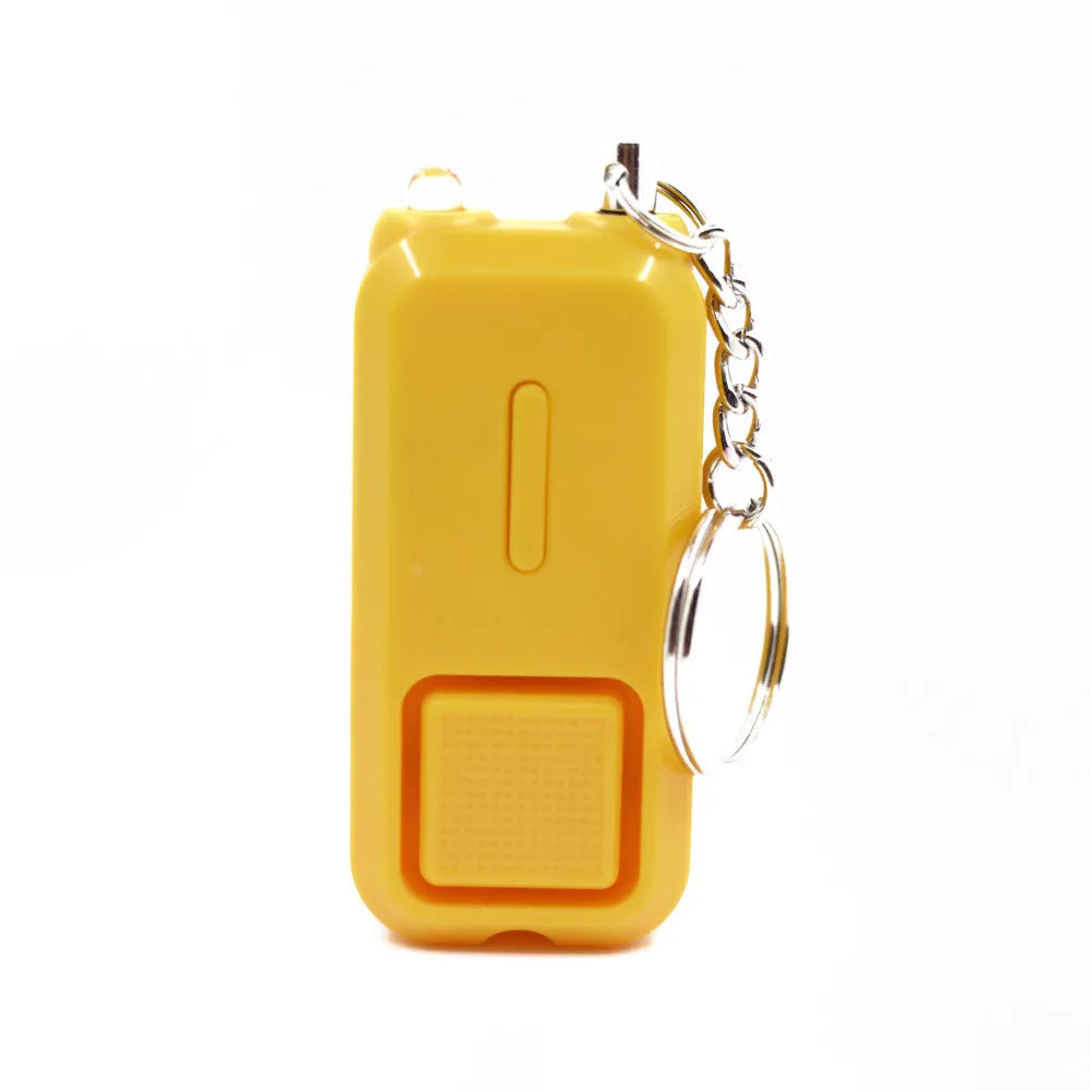 ZQ-202 personal safety alarm in pink, black, white, yellow, and green colours next to LR44 batteries.