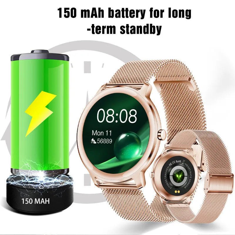 Women's waterproof Bluetooth smart watch with stainless steel mesh band and touch screen.