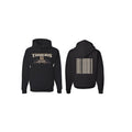 Black European-size drop-shoulder sleeve polyester pullover hoodie on a hanger.