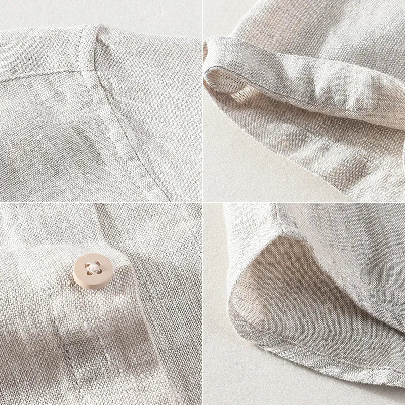 Men's linen casual shirt with square collar and short sleeves in raw jute colour