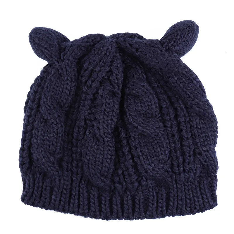Hand made 3D cat ear knitted winter beanie in wool material showing multiple colour options