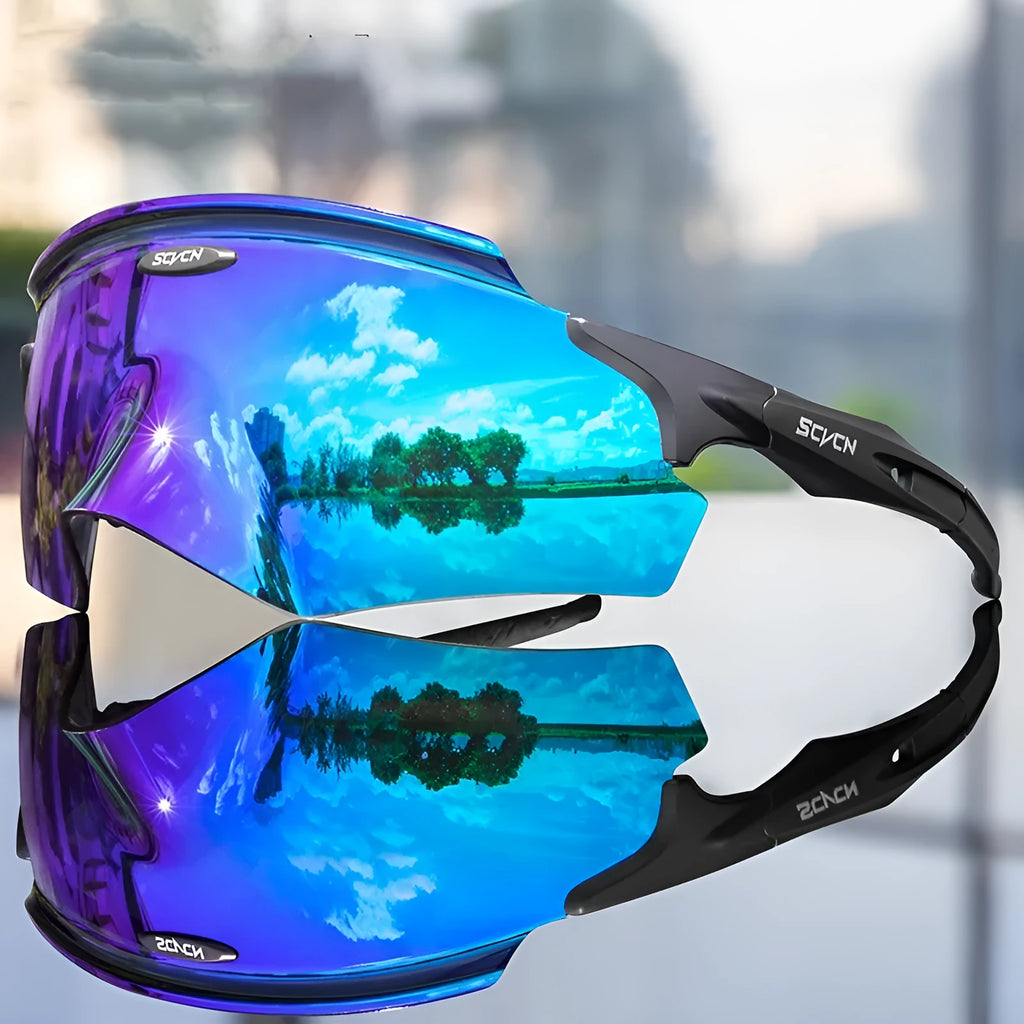 Frameless windproof athletic glasses with a colourful integrated lens in a sporty style.