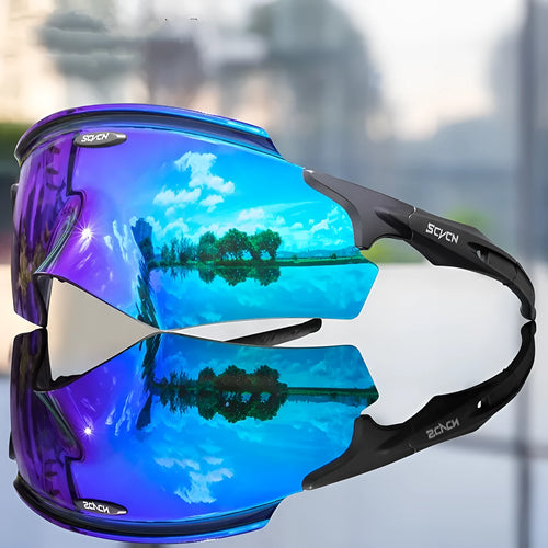 Frameless windproof athletic glasses with a colourful integrated lens in a sporty style.
