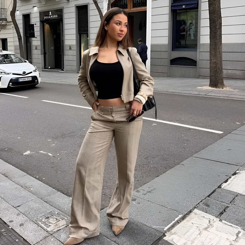 Women's herringbone pattern suit set with 3D embroidery, featuring a long-sleeve jacket and straight-leg trousers.