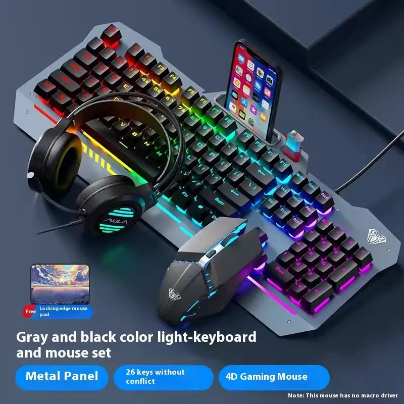 Metal mechanical keyboard bundle with gaming mouse, headset, and optional mouse pad on a desk.